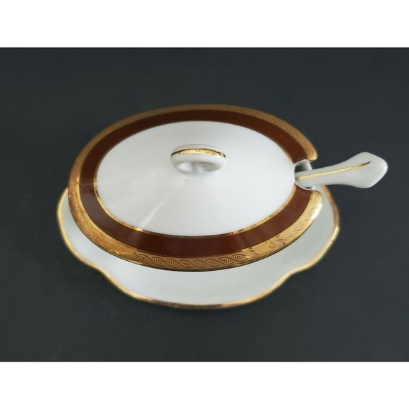 Richard Ginori Palmero Brown China Mustard Pot Tureen with Underplate & Spoon - Picture 7 of 12
